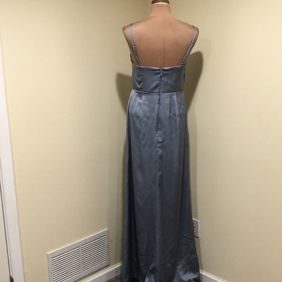 Azazie Maxi Dress Size 6 Blue Ruched Satin Gown - Picture 6 of 11